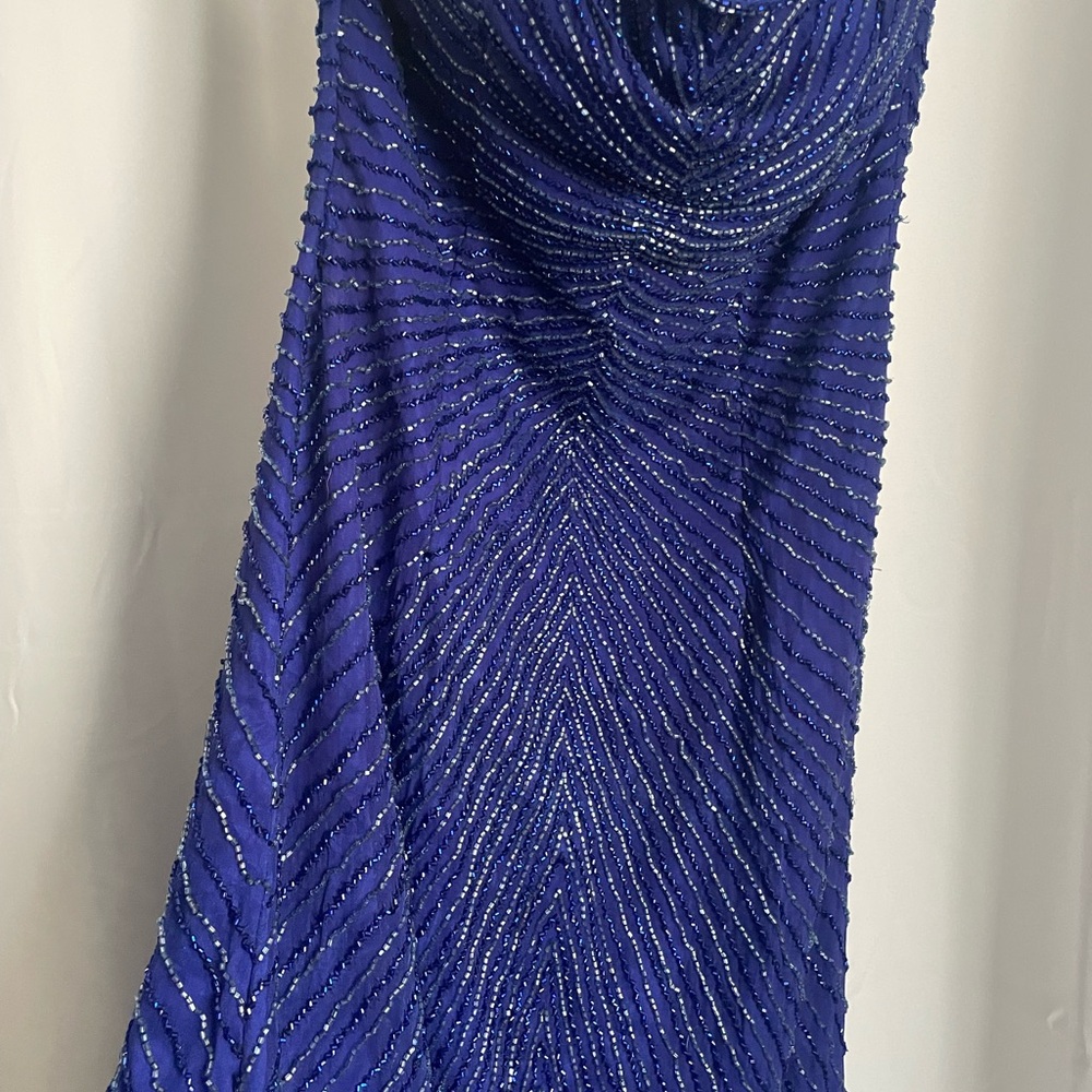 MIA BELLA BLUE BEADED GOWN DRESS ZIP & TIE CLOSURE FLOOR LENGTH